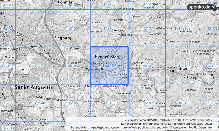 Übersichtskarte des KOSTRA-DWD-2020-Rasterfeldes Nr. 144106