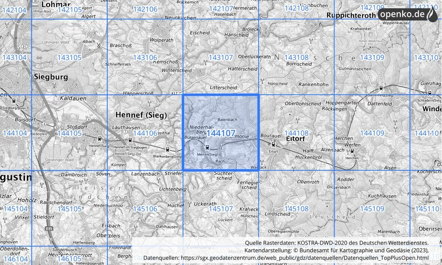 Übersichtskarte des KOSTRA-DWD-2020-Rasterfeldes Nr. 144107