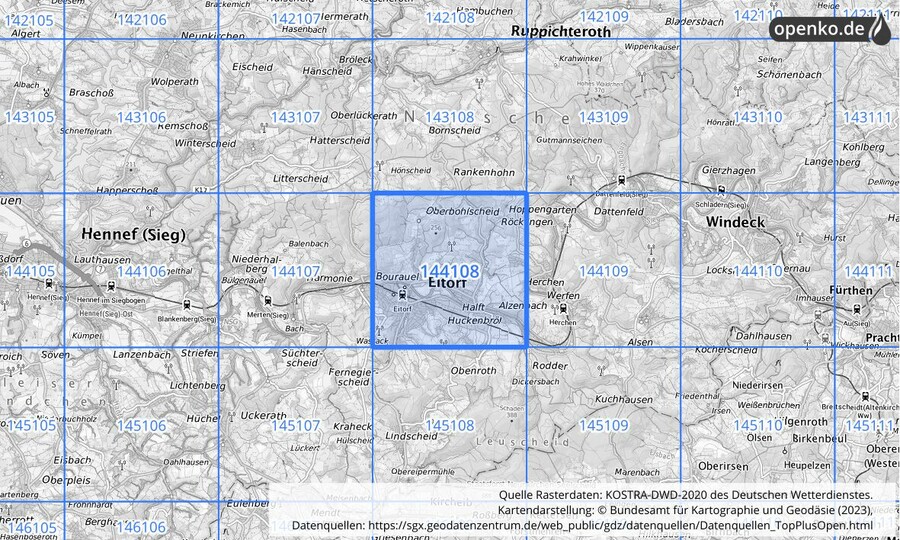 Übersichtskarte des KOSTRA-DWD-2020-Rasterfeldes Nr. 144108