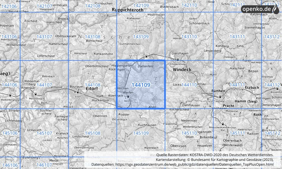 Übersichtskarte des KOSTRA-DWD-2020-Rasterfeldes Nr. 144109