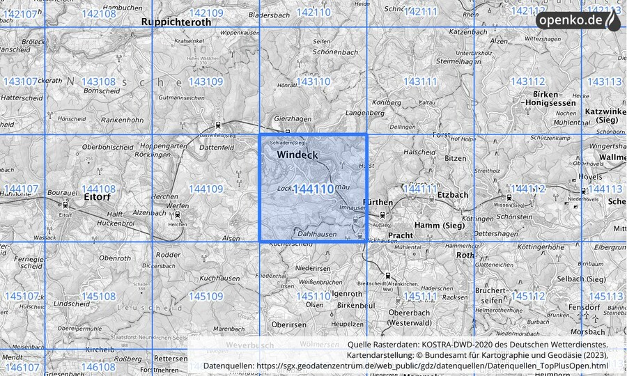 Übersichtskarte des KOSTRA-DWD-2020-Rasterfeldes Nr. 144110