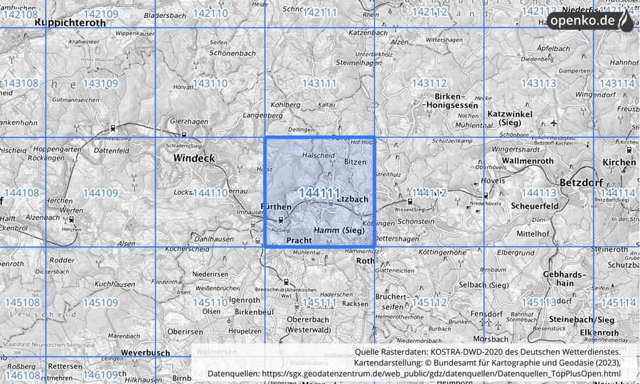 Übersichtskarte des KOSTRA-DWD-2020-Rasterfeldes Nr. 144111