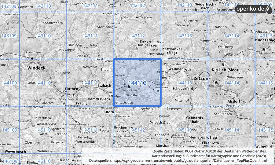 Übersichtskarte des KOSTRA-DWD-2020-Rasterfeldes Nr. 144112