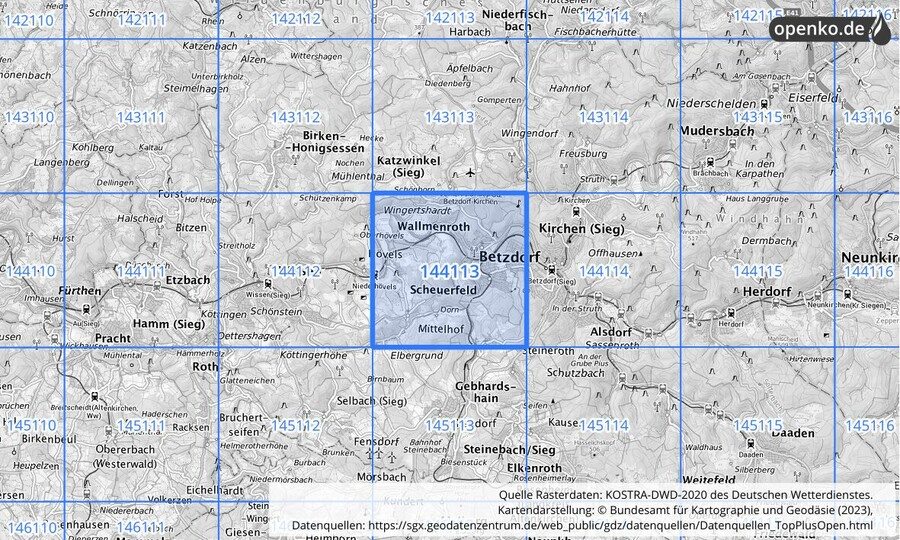 Übersichtskarte des KOSTRA-DWD-2020-Rasterfeldes Nr. 144113