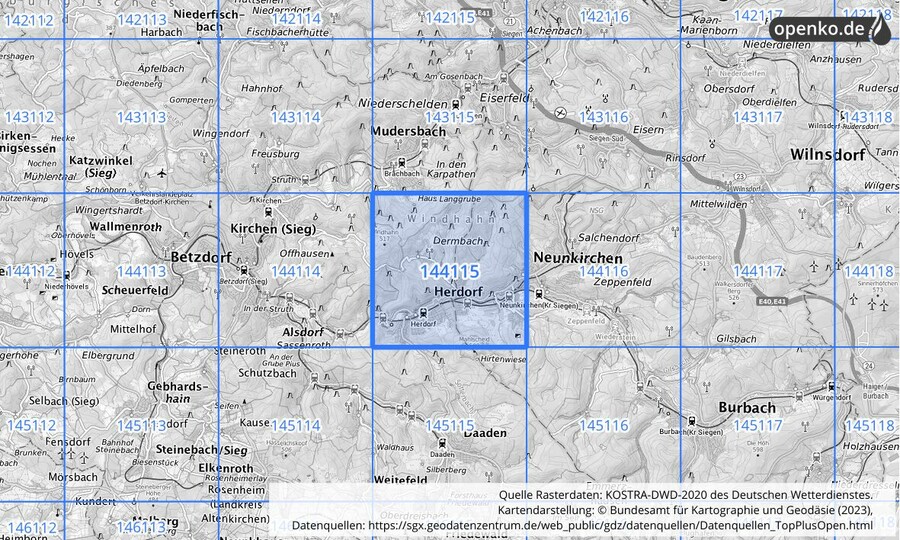 Übersichtskarte des KOSTRA-DWD-2020-Rasterfeldes Nr. 144115