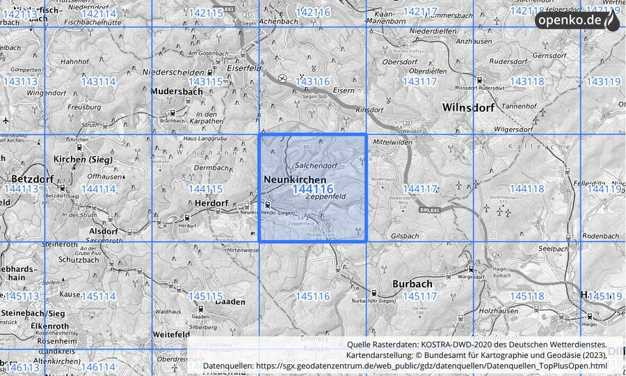 Übersichtskarte des KOSTRA-DWD-2020-Rasterfeldes Nr. 144116