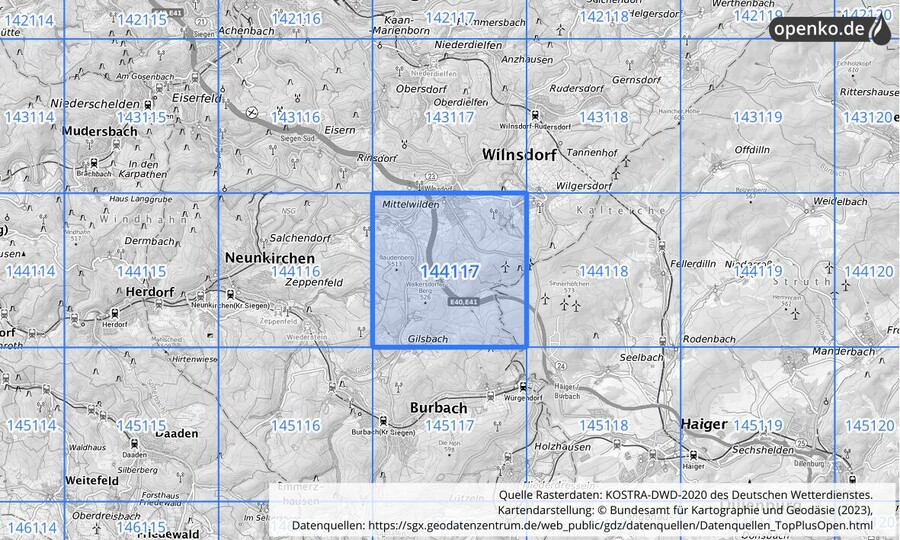 Übersichtskarte des KOSTRA-DWD-2020-Rasterfeldes Nr. 144117