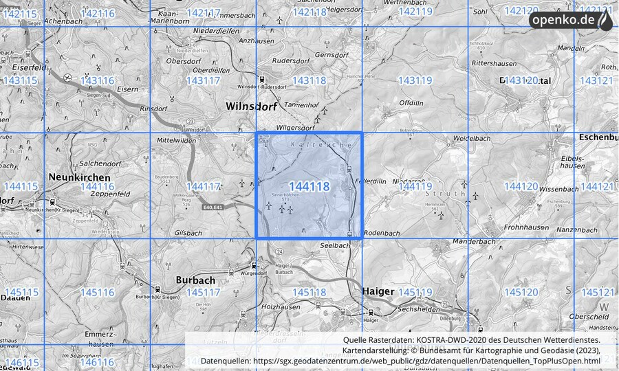 Übersichtskarte des KOSTRA-DWD-2020-Rasterfeldes Nr. 144118