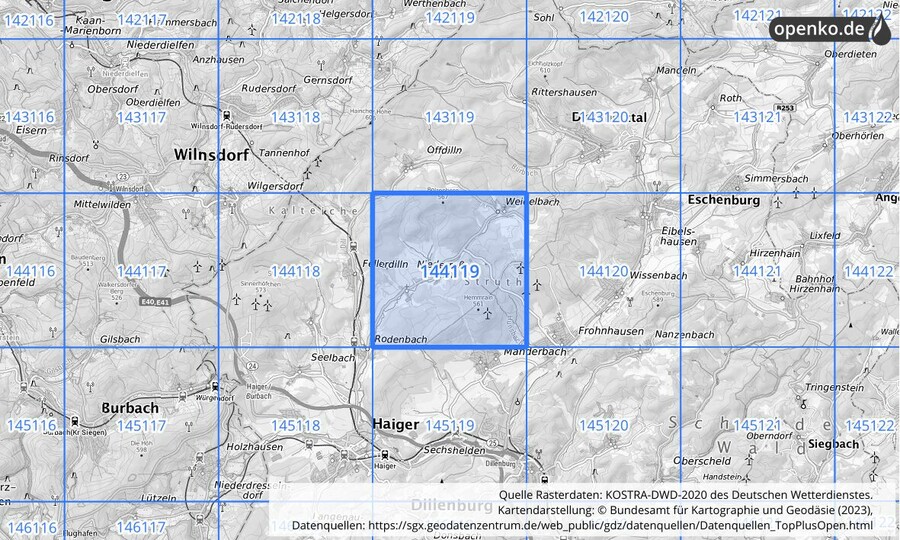 Übersichtskarte des KOSTRA-DWD-2020-Rasterfeldes Nr. 144119