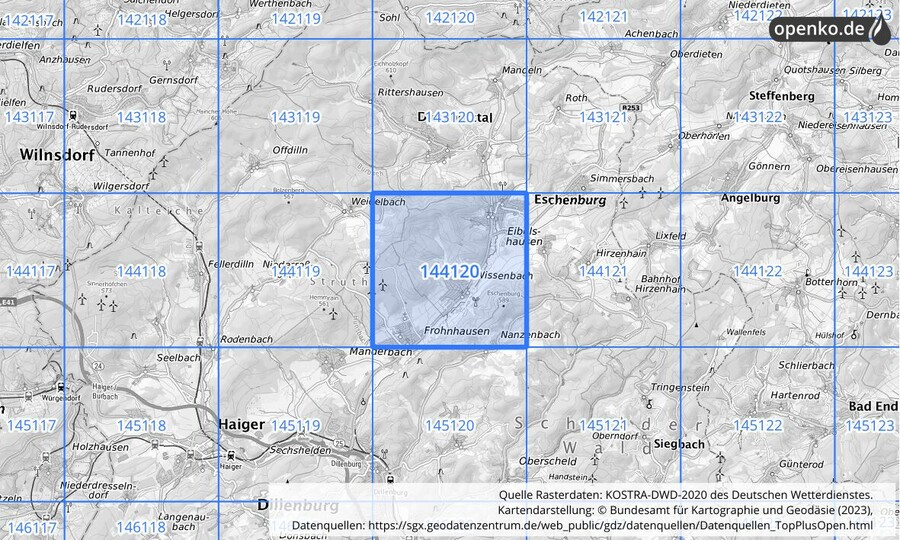 Übersichtskarte des KOSTRA-DWD-2020-Rasterfeldes Nr. 144120