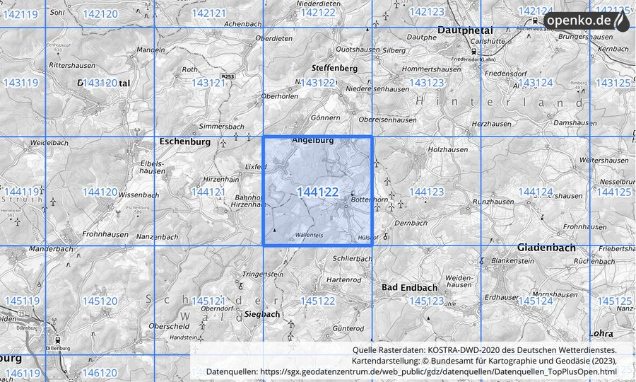 Übersichtskarte des KOSTRA-DWD-2020-Rasterfeldes Nr. 144122