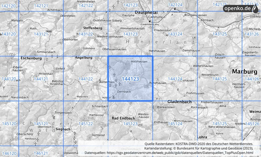 Übersichtskarte des KOSTRA-DWD-2020-Rasterfeldes Nr. 144123