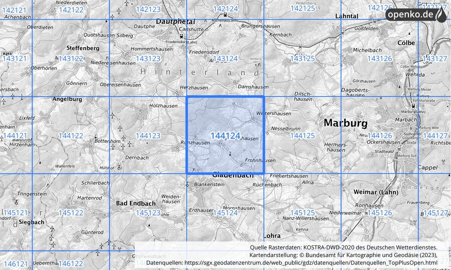 Übersichtskarte des KOSTRA-DWD-2020-Rasterfeldes Nr. 144124