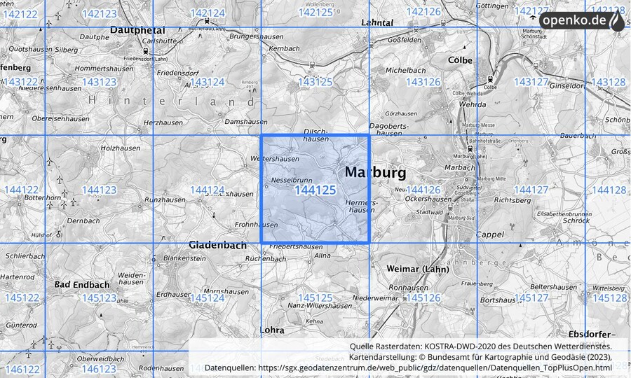 Übersichtskarte des KOSTRA-DWD-2020-Rasterfeldes Nr. 144125