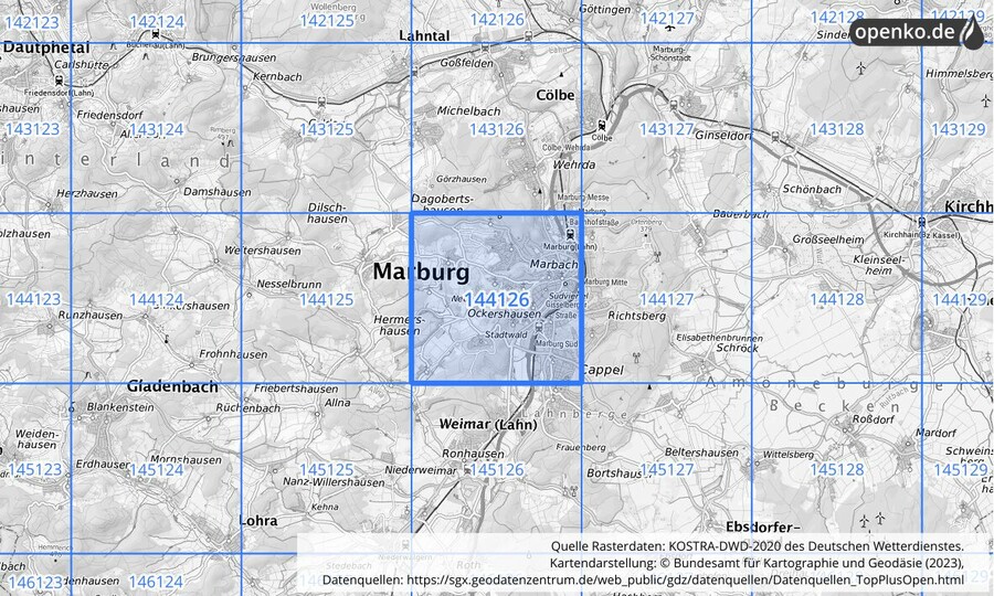 Übersichtskarte des KOSTRA-DWD-2020-Rasterfeldes Nr. 144126