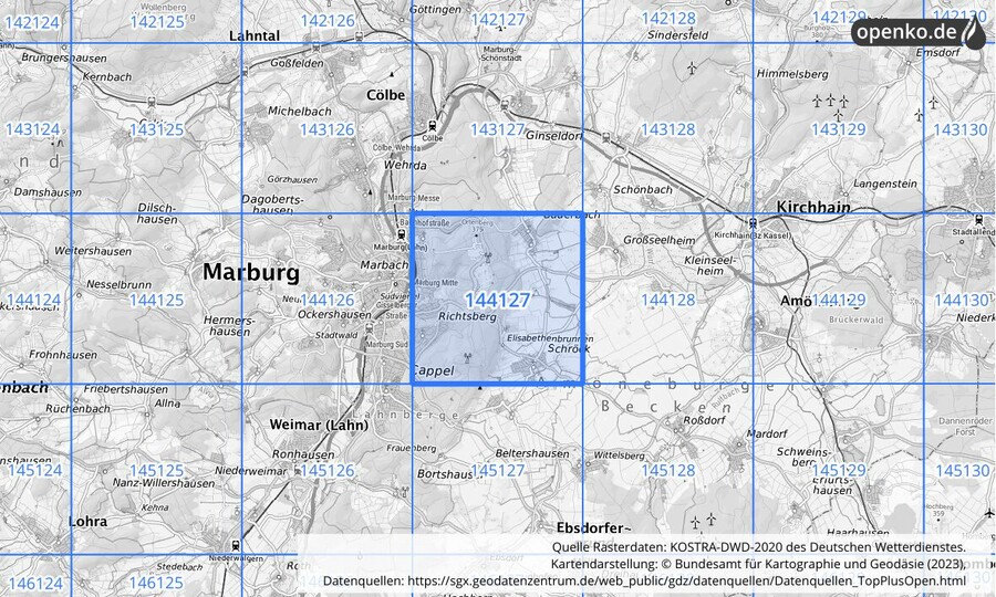 Übersichtskarte des KOSTRA-DWD-2020-Rasterfeldes Nr. 144127