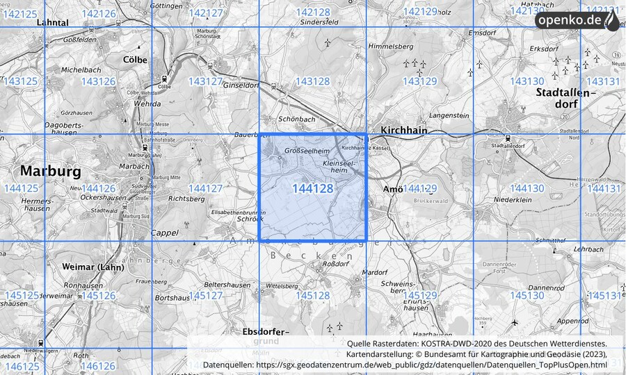 Übersichtskarte des KOSTRA-DWD-2020-Rasterfeldes Nr. 144128