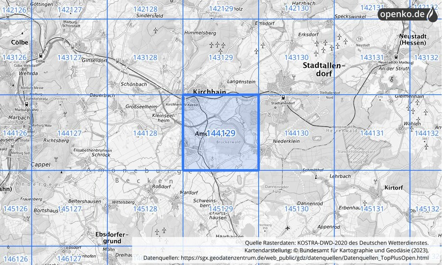 Übersichtskarte des KOSTRA-DWD-2020-Rasterfeldes Nr. 144129