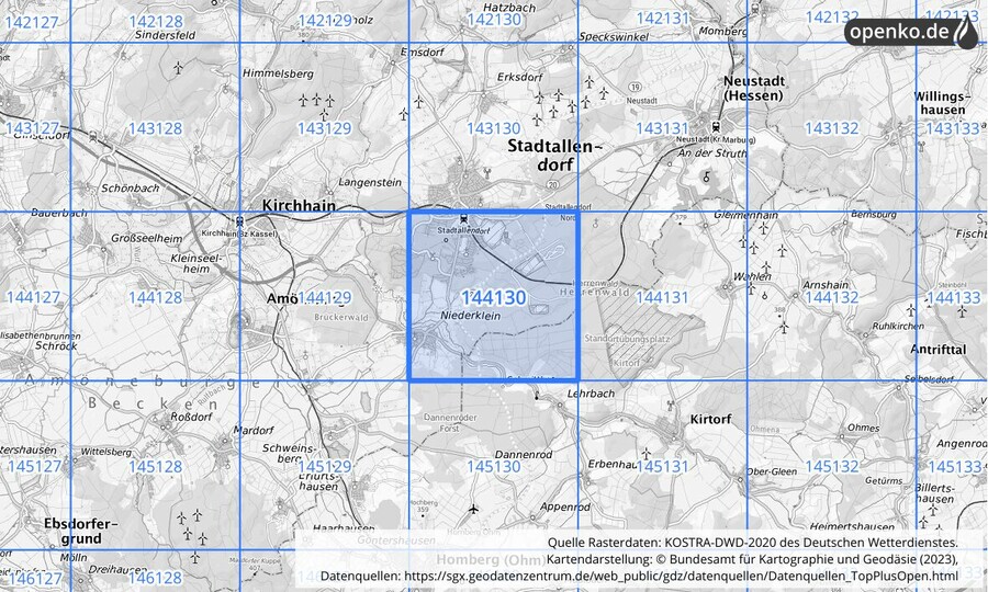 Übersichtskarte des KOSTRA-DWD-2020-Rasterfeldes Nr. 144130