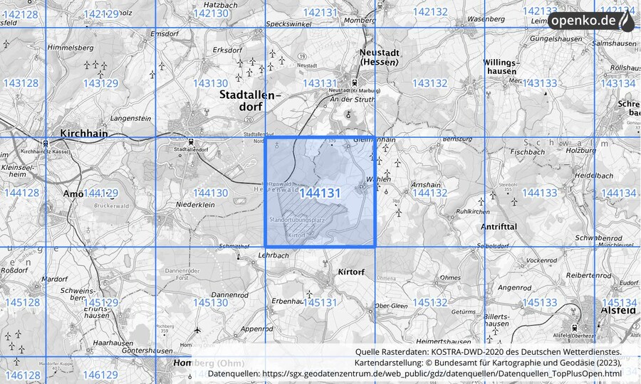 Übersichtskarte des KOSTRA-DWD-2020-Rasterfeldes Nr. 144131