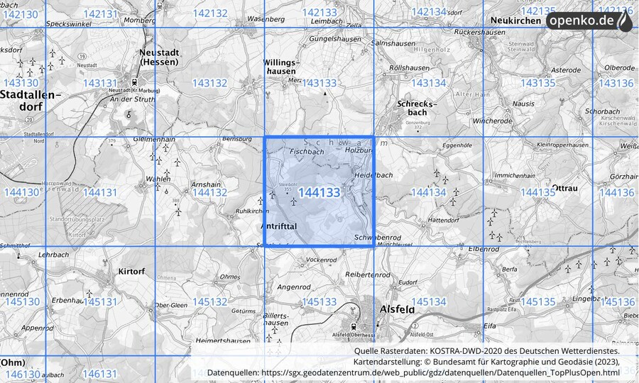 Übersichtskarte des KOSTRA-DWD-2020-Rasterfeldes Nr. 144133