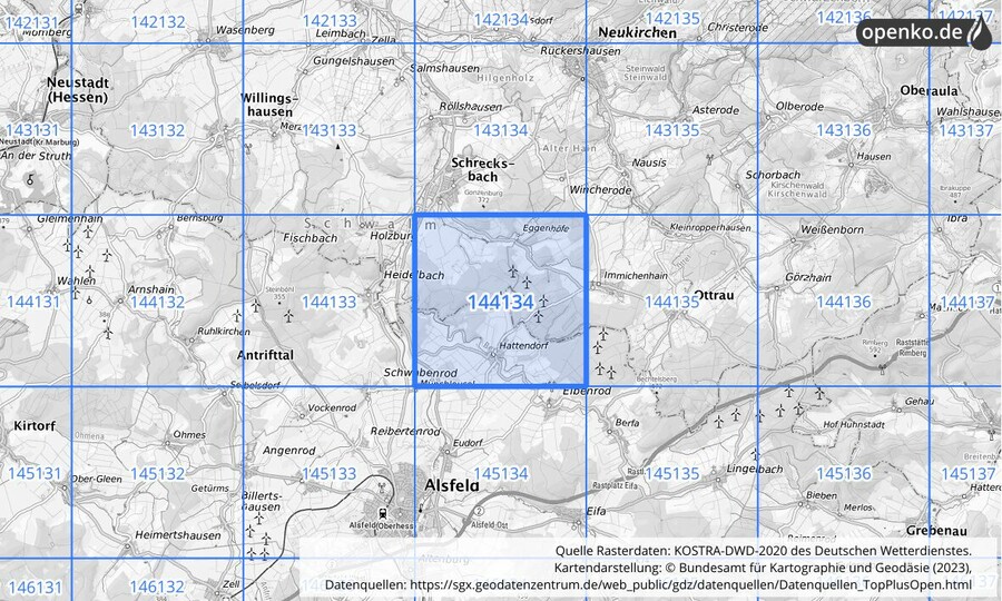 Übersichtskarte des KOSTRA-DWD-2020-Rasterfeldes Nr. 144134