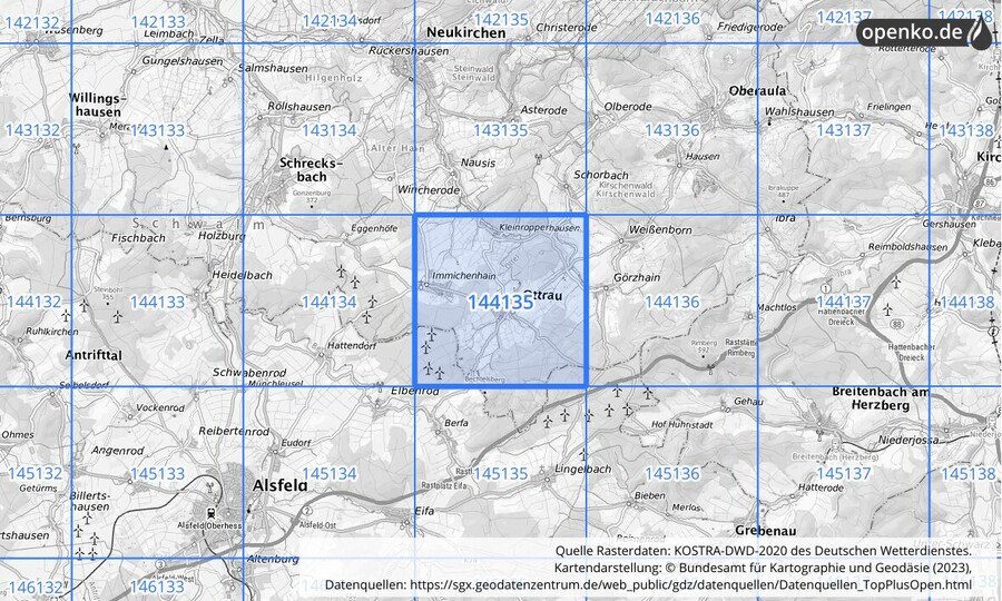 Übersichtskarte des KOSTRA-DWD-2020-Rasterfeldes Nr. 144135