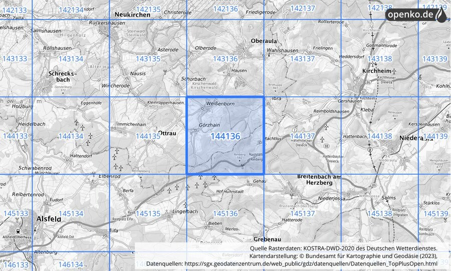 Übersichtskarte des KOSTRA-DWD-2020-Rasterfeldes Nr. 144136