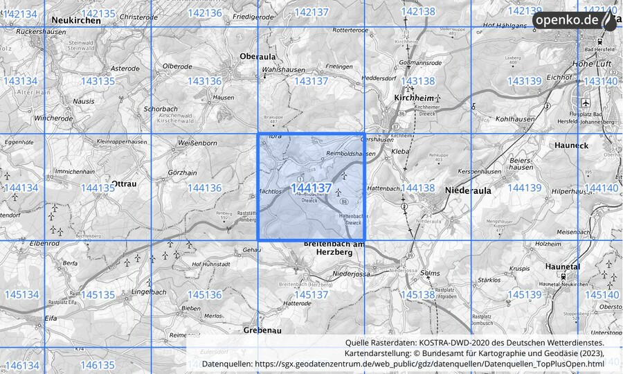Übersichtskarte des KOSTRA-DWD-2020-Rasterfeldes Nr. 144137
