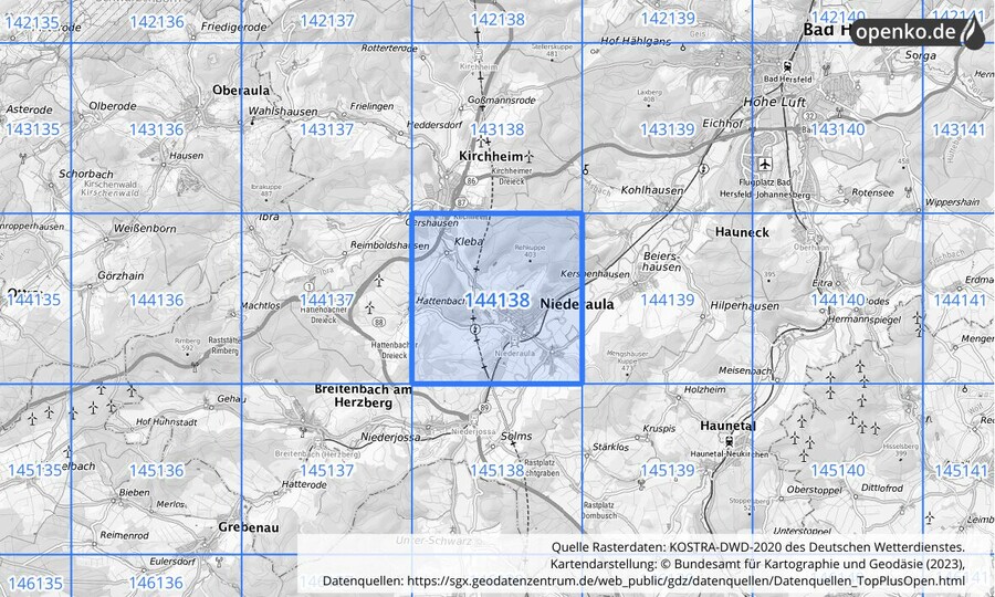 Übersichtskarte des KOSTRA-DWD-2020-Rasterfeldes Nr. 144138