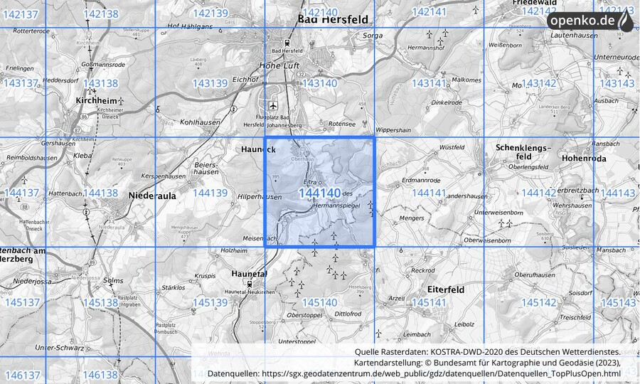 Übersichtskarte des KOSTRA-DWD-2020-Rasterfeldes Nr. 144140