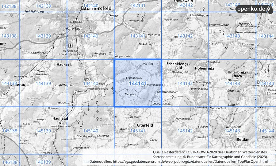Übersichtskarte des KOSTRA-DWD-2020-Rasterfeldes Nr. 144141