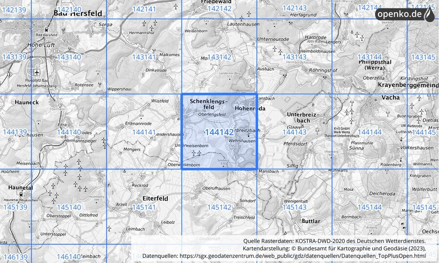 Übersichtskarte des KOSTRA-DWD-2020-Rasterfeldes Nr. 144142