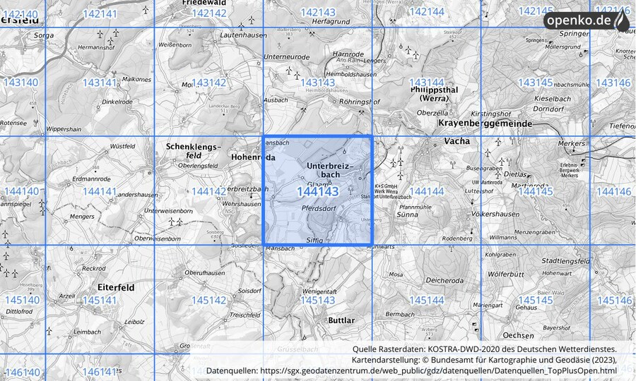 Übersichtskarte des KOSTRA-DWD-2020-Rasterfeldes Nr. 144143