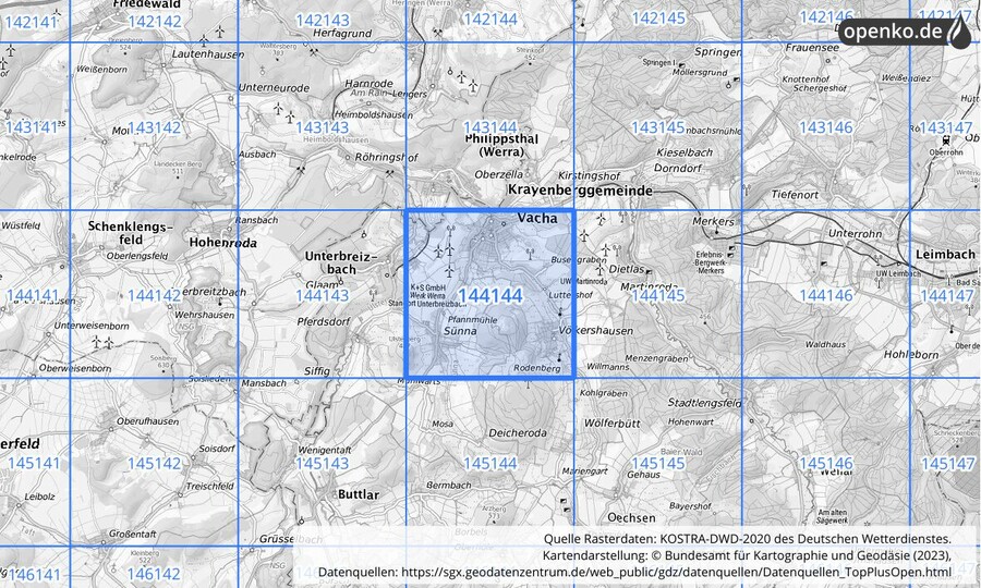 Übersichtskarte des KOSTRA-DWD-2020-Rasterfeldes Nr. 144144