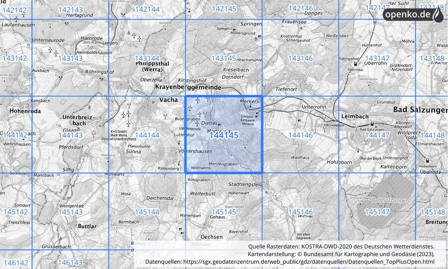 Übersichtskarte des KOSTRA-DWD-2020-Rasterfeldes Nr. 144145