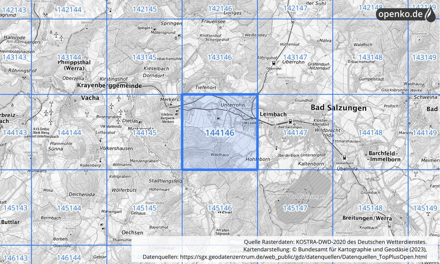 Übersichtskarte des KOSTRA-DWD-2020-Rasterfeldes Nr. 144146