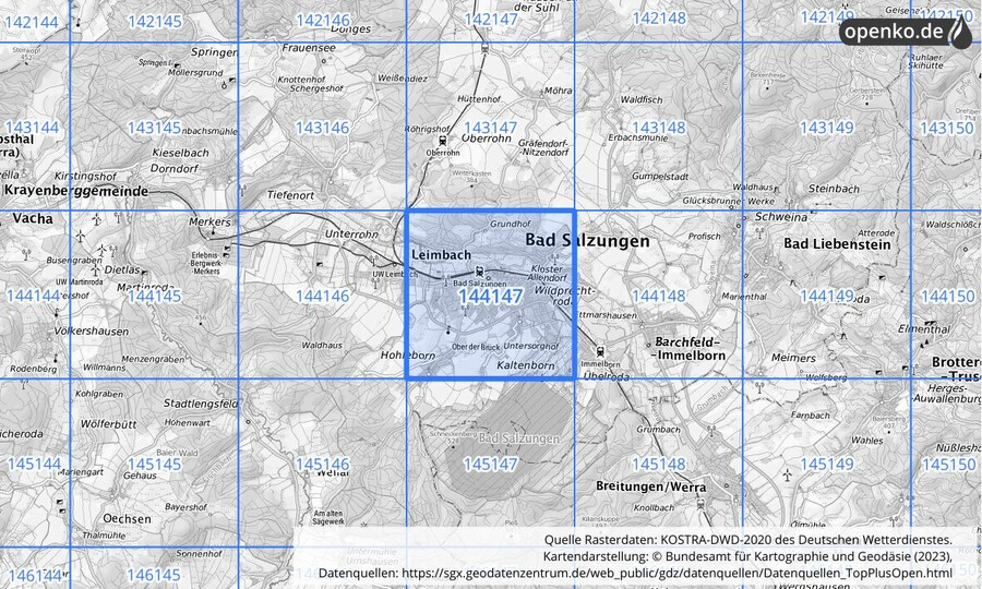 Übersichtskarte des KOSTRA-DWD-2020-Rasterfeldes Nr. 144147