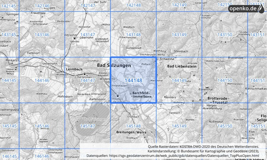 Übersichtskarte des KOSTRA-DWD-2020-Rasterfeldes Nr. 144148