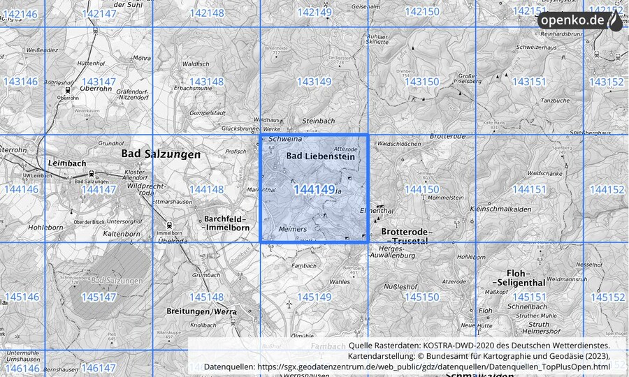 Übersichtskarte des KOSTRA-DWD-2020-Rasterfeldes Nr. 144149