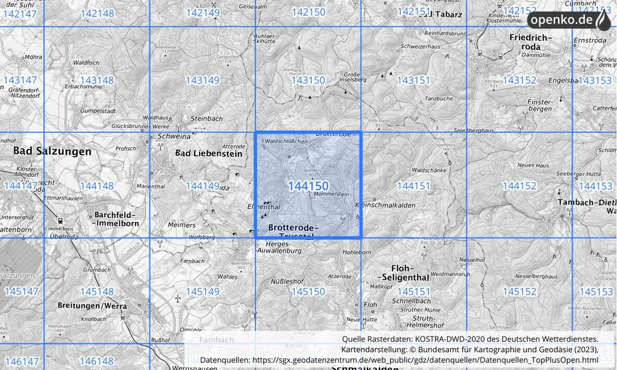 Übersichtskarte des KOSTRA-DWD-2020-Rasterfeldes Nr. 144150