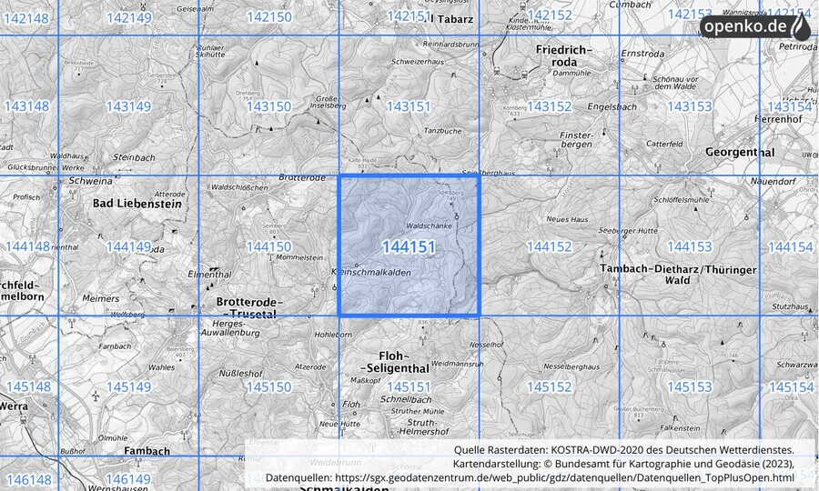 Übersichtskarte des KOSTRA-DWD-2020-Rasterfeldes Nr. 144151