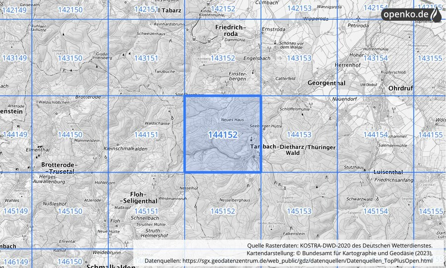 Übersichtskarte des KOSTRA-DWD-2020-Rasterfeldes Nr. 144152