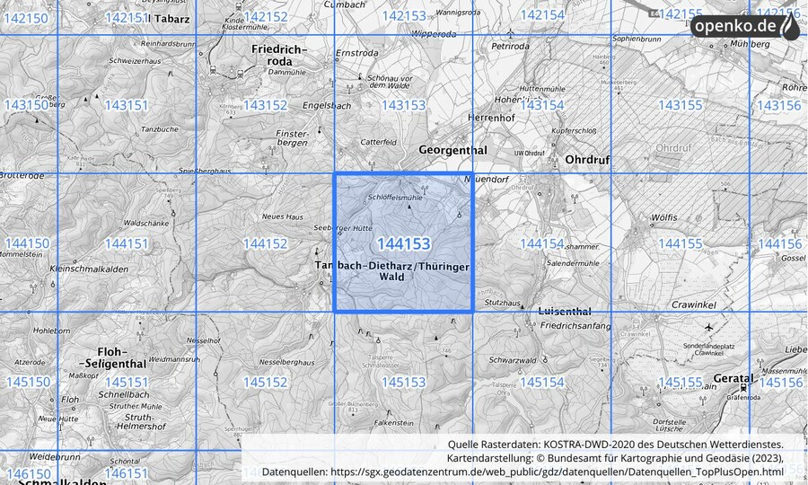 Übersichtskarte des KOSTRA-DWD-2020-Rasterfeldes Nr. 144153