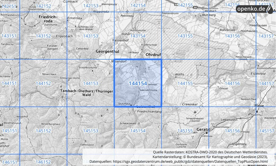 Übersichtskarte des KOSTRA-DWD-2020-Rasterfeldes Nr. 144154