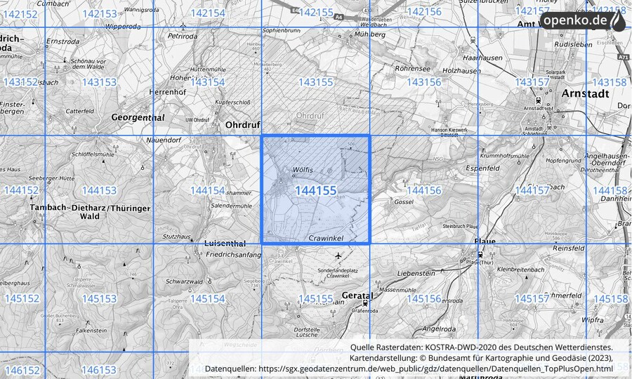 Übersichtskarte des KOSTRA-DWD-2020-Rasterfeldes Nr. 144155
