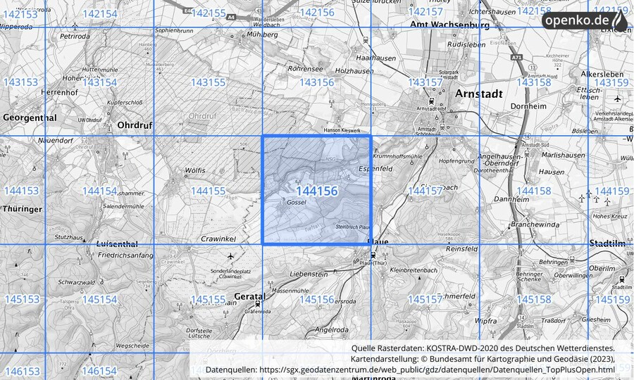 Übersichtskarte des KOSTRA-DWD-2020-Rasterfeldes Nr. 144156