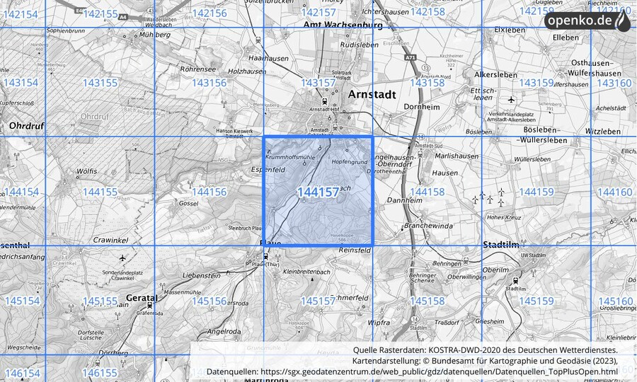 Übersichtskarte des KOSTRA-DWD-2020-Rasterfeldes Nr. 144157