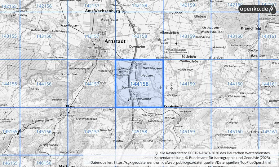 Übersichtskarte des KOSTRA-DWD-2020-Rasterfeldes Nr. 144158