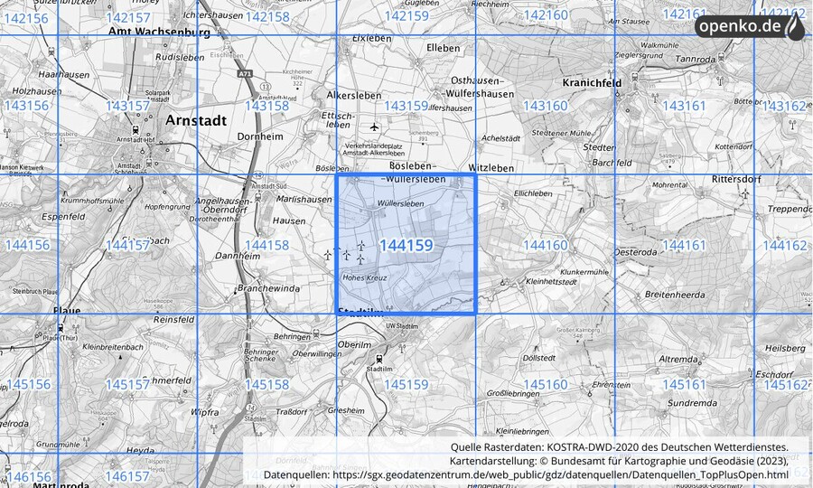 Übersichtskarte des KOSTRA-DWD-2020-Rasterfeldes Nr. 144159